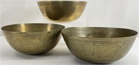 3 Antique Vintage Chinese Etched Brass Bowls
