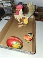 Vintage Plastic Chicken, Paper Mache Egg & Rooster