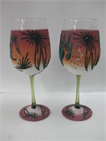 2 SW Signed Sand Painted Wine Glasses