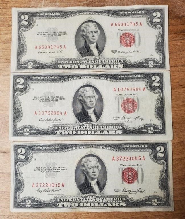 (3) 1953 Red Note Two Dollar Bank Notes