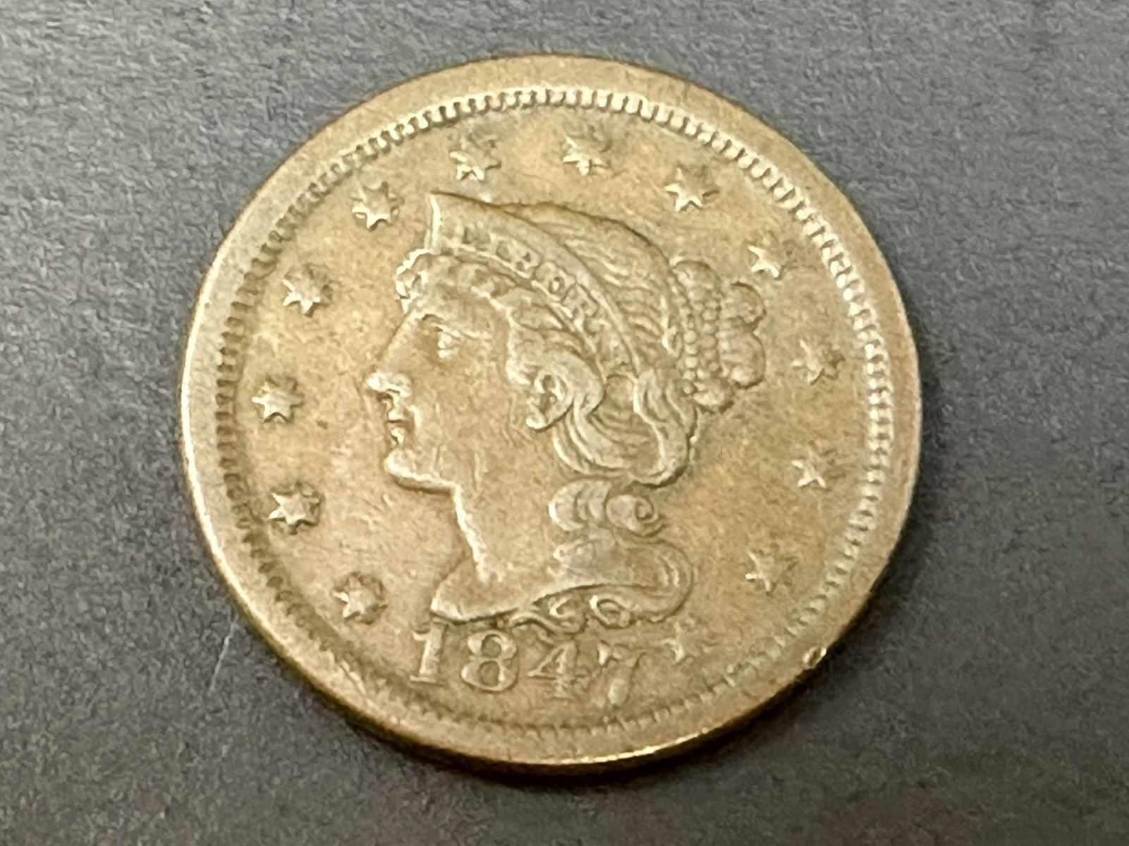 1847 Braided Hair Large Cent (hole in back)