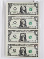 Uncut Sheet Four 2009 $1 Dollar Bills