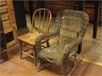 Two children's chairs: spindle-back and wicker