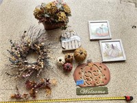 Fall decor: wreath, hanging wall art, artificial