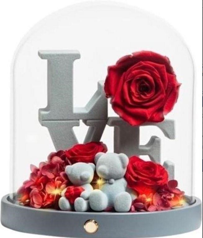 Rose Bear Gift, Preserved Red Roses in Glass