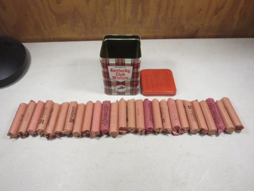 Vintage Tin With 26 Rolls Of Pre 1959 Pennies