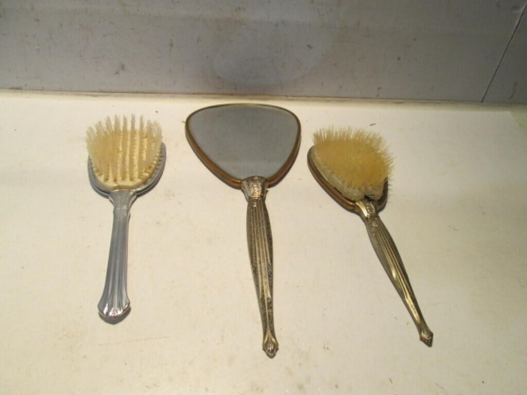 VINTAGE VANITY MIRROR AND HAIR BRUSHES