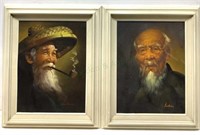 (2pc) Eastman Signed Chinese Men Oil On Canvas