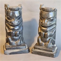 Carved Stone Totem Book Ends -Chipped Top & Base