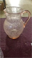 Pink crackle glass pitcher 8.5 inches tall