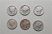 6 Mercury Dimes: 1934, 1936, 1943, 1944, 1945,