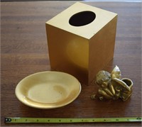 Goldtone decor lot: Tissue box, dish, and angel