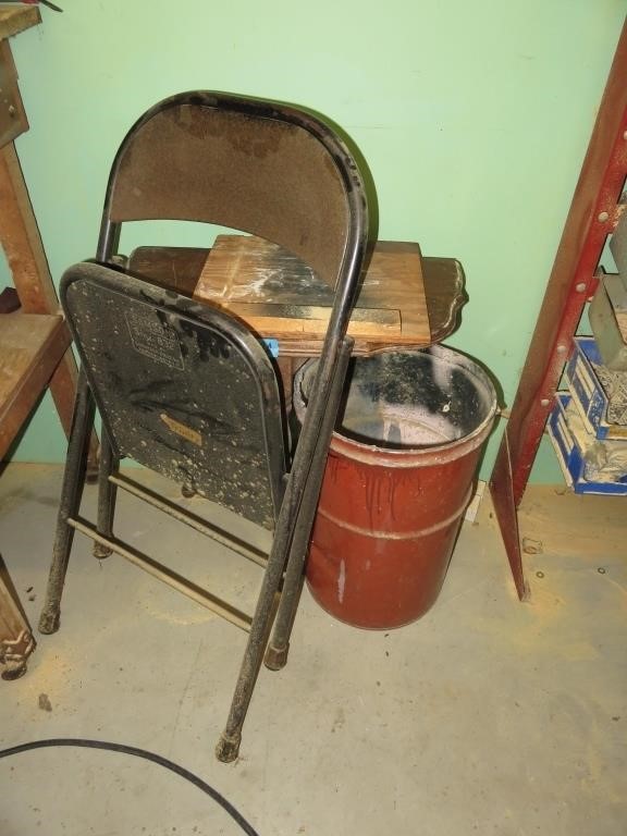 Steel Fold Up chair, Steel bucket, Table