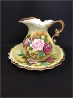Floral Pitcher and Plate with Gold Trim