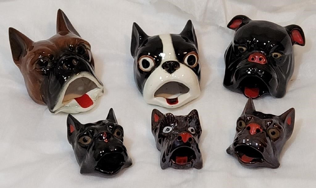 6 Vintage Porcelain Dog Face Ashtrays, Unused