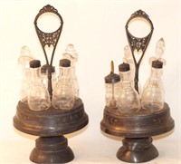 Pair Antique Etched glass cruet sets