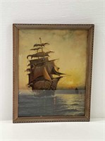 Framed Print (Ocean Ship at Sunset)