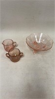 Vintage pink depression bowl, sugar and creamer