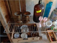 Misc glassware/brass candle holders (shelf/box)