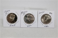 (3) Kennedy Half Dollars 2000 P,D BU and S Proof
