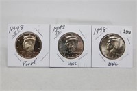 (3) Kennedy Half Dollars 1998 P,D BU and S Proof