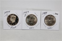 (3) Kennedy Half Dollars 1999 P,D BU and S Proof