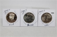 (3) Kennedy Half Dollars 1997 P,D BU and S Proof