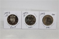 (3) Kennedy Half Dollars 1996 P,D BU and S Proof