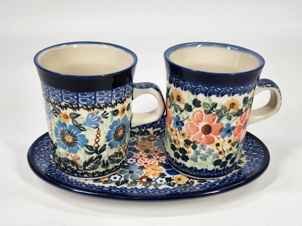 POLISH POTTERY MUGS AND PLATE