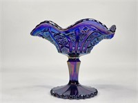 IMPERIAL BLUE CARNIVAL GLASS COMPOTE