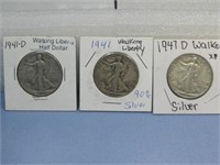 Three Silver Walking Liberty Half Dollars