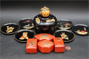11 Japan Kokeshi Doll W/Lacquered Boxes & Coasters