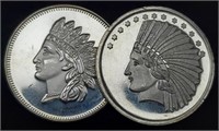 (2) 1 Troy Oz. Silver Indian Head Rounds