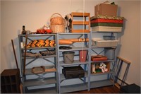 3 steel shelving units and miscellaneous houseware