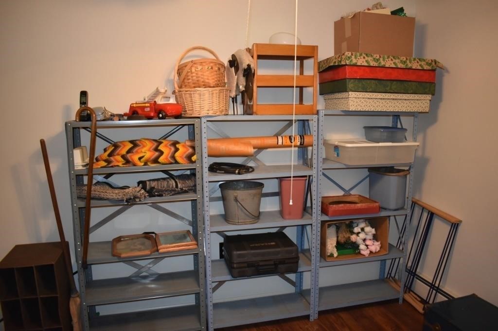 3 steel shelving units and miscellaneous houseware