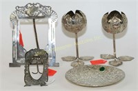 FIVE PIECES INDIAN SILVER - DISH, VASES & FRAMES