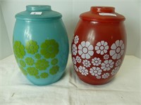 PAIR VINTAGE BLUE & RED PAINTED BISCUIT JARS