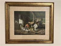 Framed print stable with dogs and horses