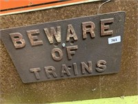 "BEWARE OF TRAINS" CAST IRON SIGN