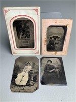 Lot of 4 Tintypes of Women with Elaborate Props