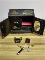 Oriental Jewelry Box with Knife, Coins, Lighter +