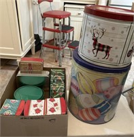 Cookie & popcorn tins. Mostly Christmas design