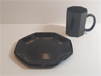 2pc Octagonal Black Milk Glass Salad Plate & Mug