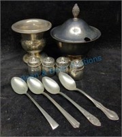 Sterling silver spoon, salt and peppers and