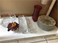 8 Plates, 6 corn dishes, painted red vase &more