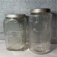 Antique embossed glass coffee jars with metal