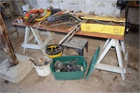 ASSORTED TOOLS, HARDWARE, SAWHORSES, ETC.