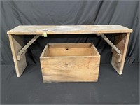 PRIMITIVE WOOD BENCH AND REDBIRD WOOD CRATE