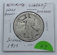 1917 Walking Liberty Silver Half Dollar (Worn &