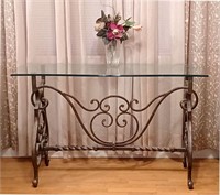 GLASS TOP Foyer or Hall Table on ORNATE IRON BASE